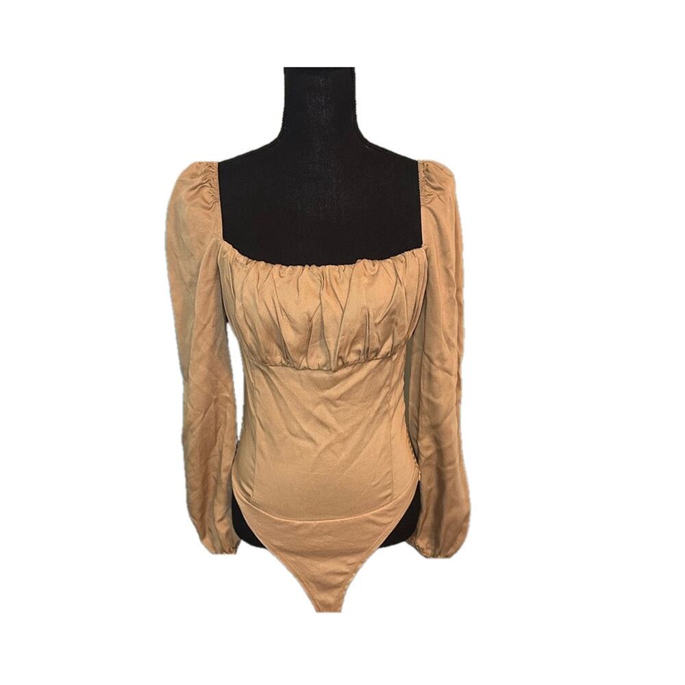 Lani The Label Tan Ruched Bodysuit M Square Neck Balloon Sleeve Chic Top
